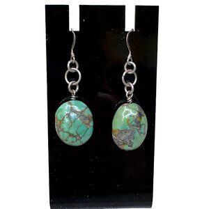 Vintage Turquoise Nugget Silver Dangle Earrings Oval Stone Drops Southwest 8.90g